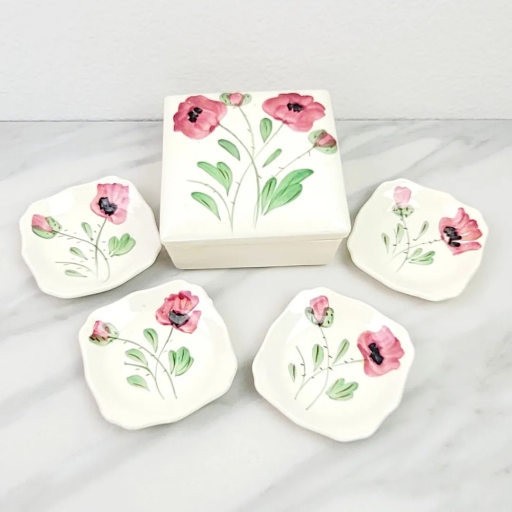•SOLD• Vintage Jewelry Box Poppy Floral Flowers Pink Vanity Home Decor Dishes